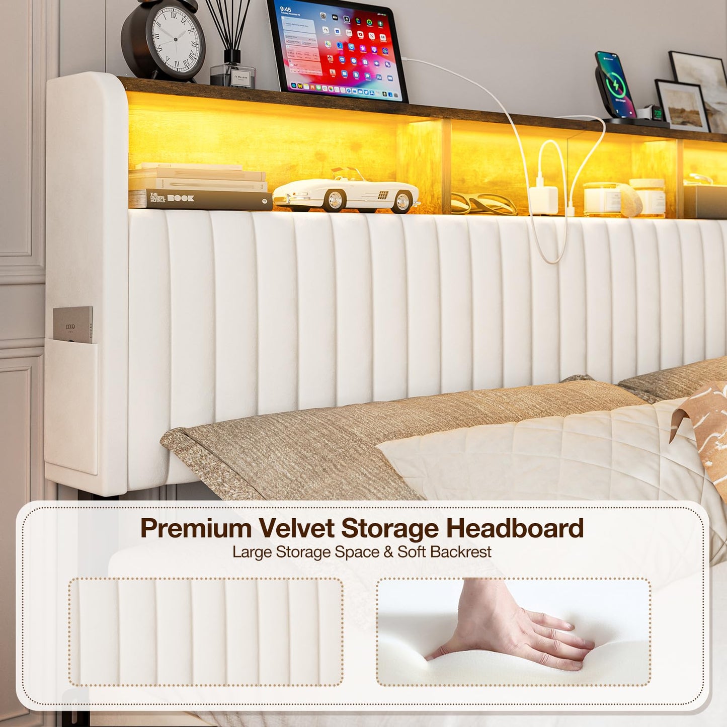 IKIFLY California King Size Storage Headboard Only, Adjustable Height, Velvet Upholstered Head Board with LED Lights & Charging Station, Easy Assembly, Modern Freestanding Headboard, White
