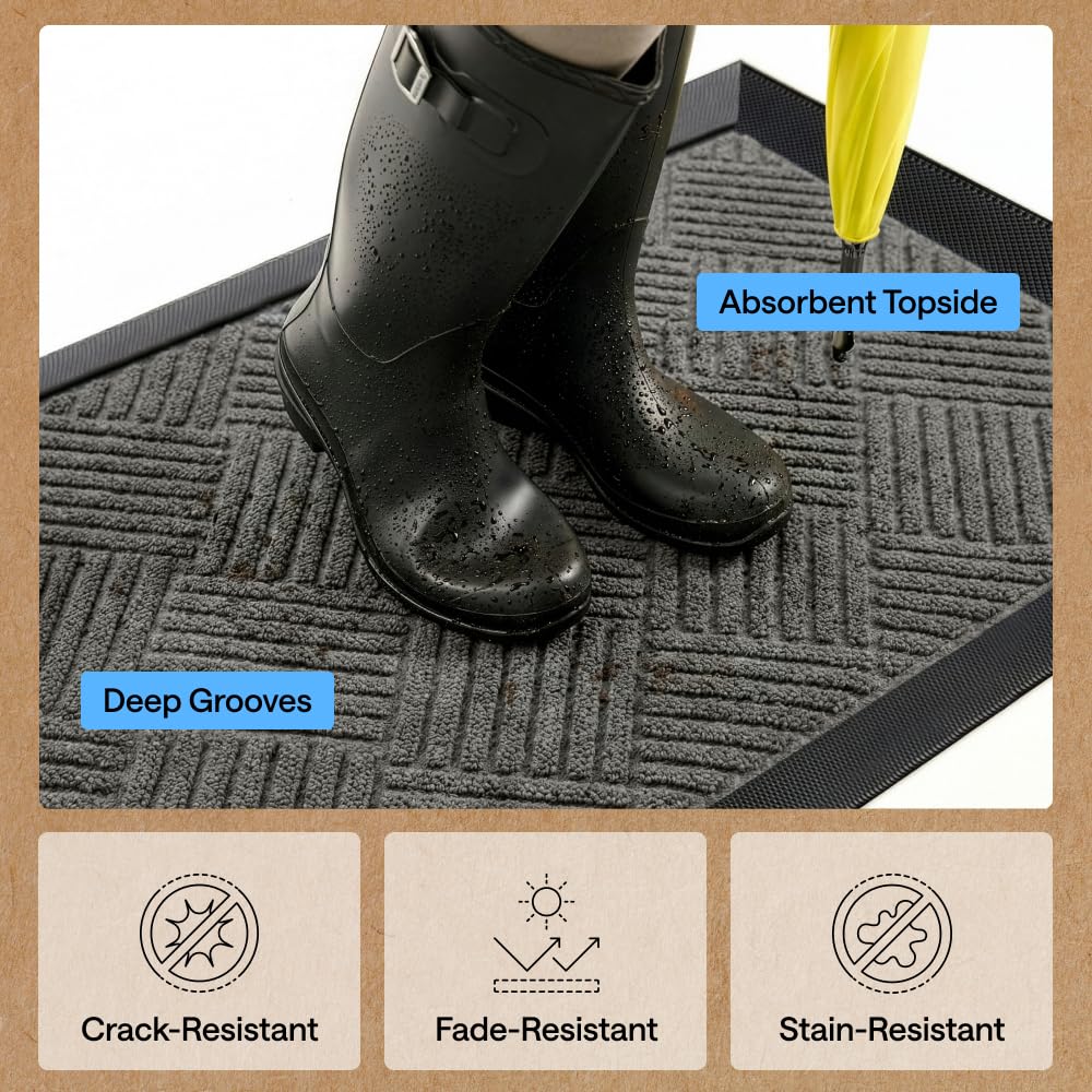 GORILLA GRIP WeatherMAX Door Mat, Indoor Outdoor Use, 29x17 Gray Diamond