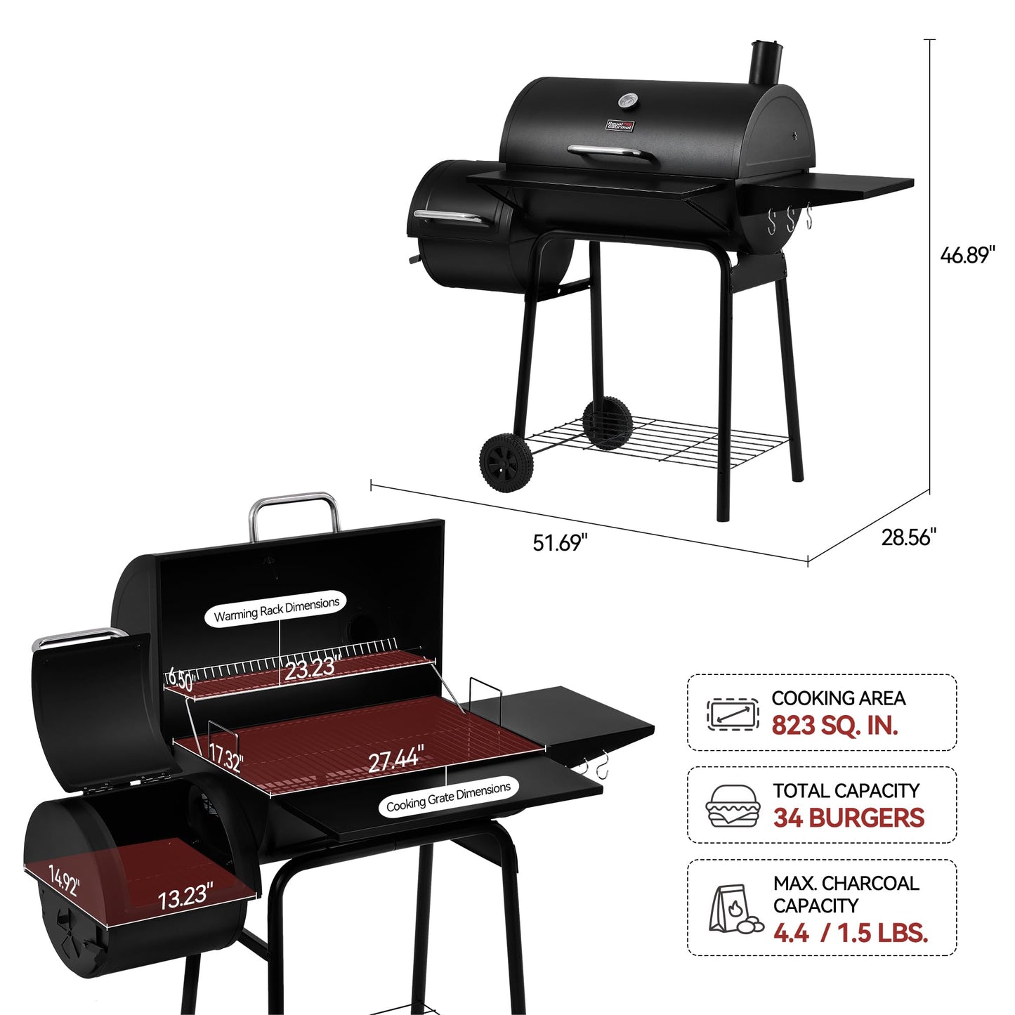 Royal Gourmet CC1830S BBQ Charcoal Grill and Offset Smoker | 823 Square Inch cooking surface, Outdoor for Camping | Black
