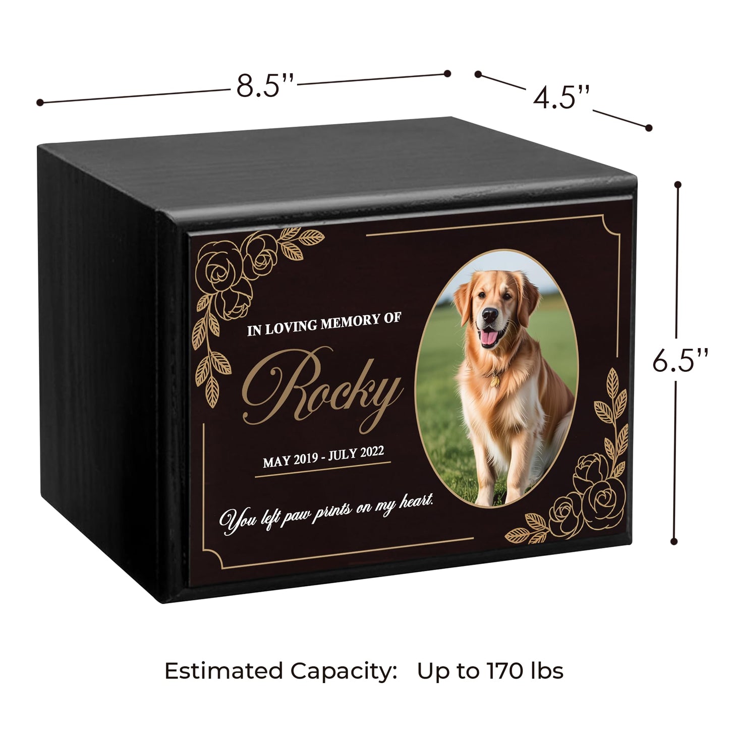 Personalized Wooden Urns for Dog Ashes - Custom Cremation Urn for Dogs up to 170 lbs - Add Your Pet Photo and Text - Custom Burial Memorial Keepsake - Black Design 6