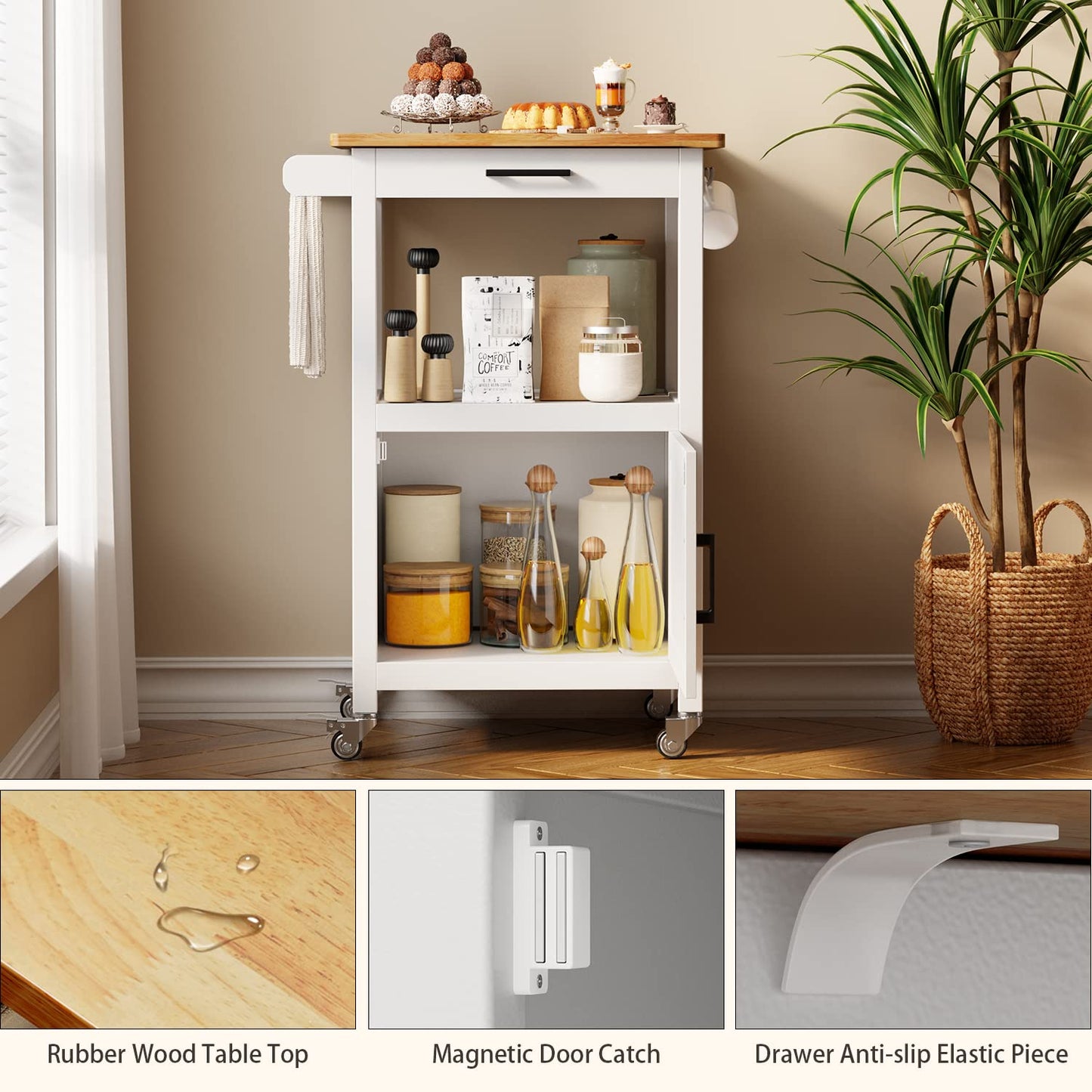 Qsun Kitchen Cart with Drawer, Small Kitchen Island on Wheels, Microwave Cart, Small Home Coffee Bar, Microwave Stand, Rolling Kitchen Island Cart with Side Hook, White