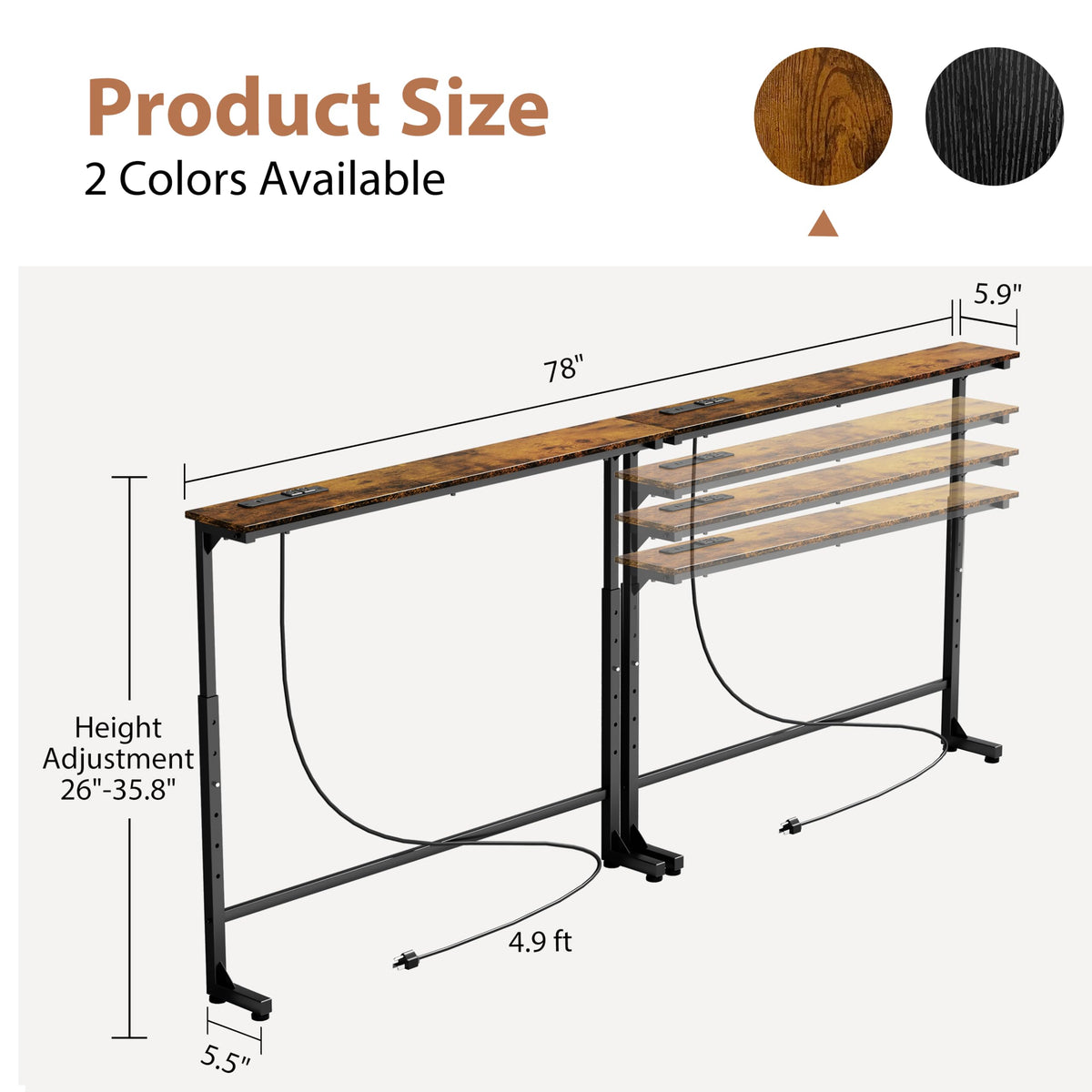 GRLEAF 2 Pack Adjustable Height Narrow Console Table with Power Outlets, 78.7" Long Sofa Table with Charging Station Behind Couch Table Entryway Table for Living Room and Hallway – Rustic Brown