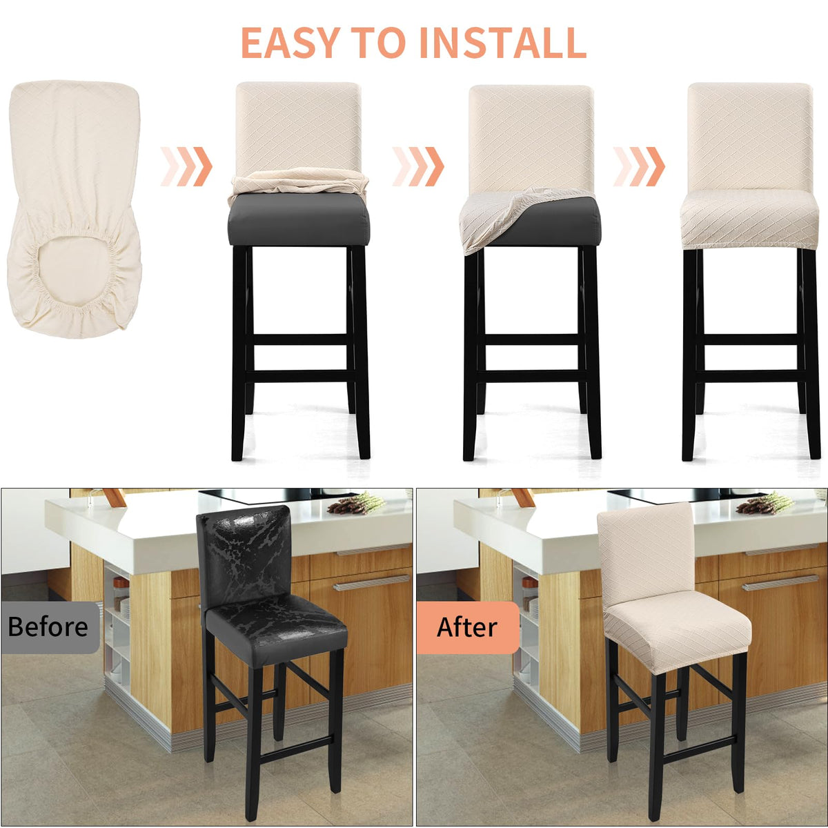 Fuloon Waterproof Barstool Covers Chair Slipcovers, Beige, 4 Pack