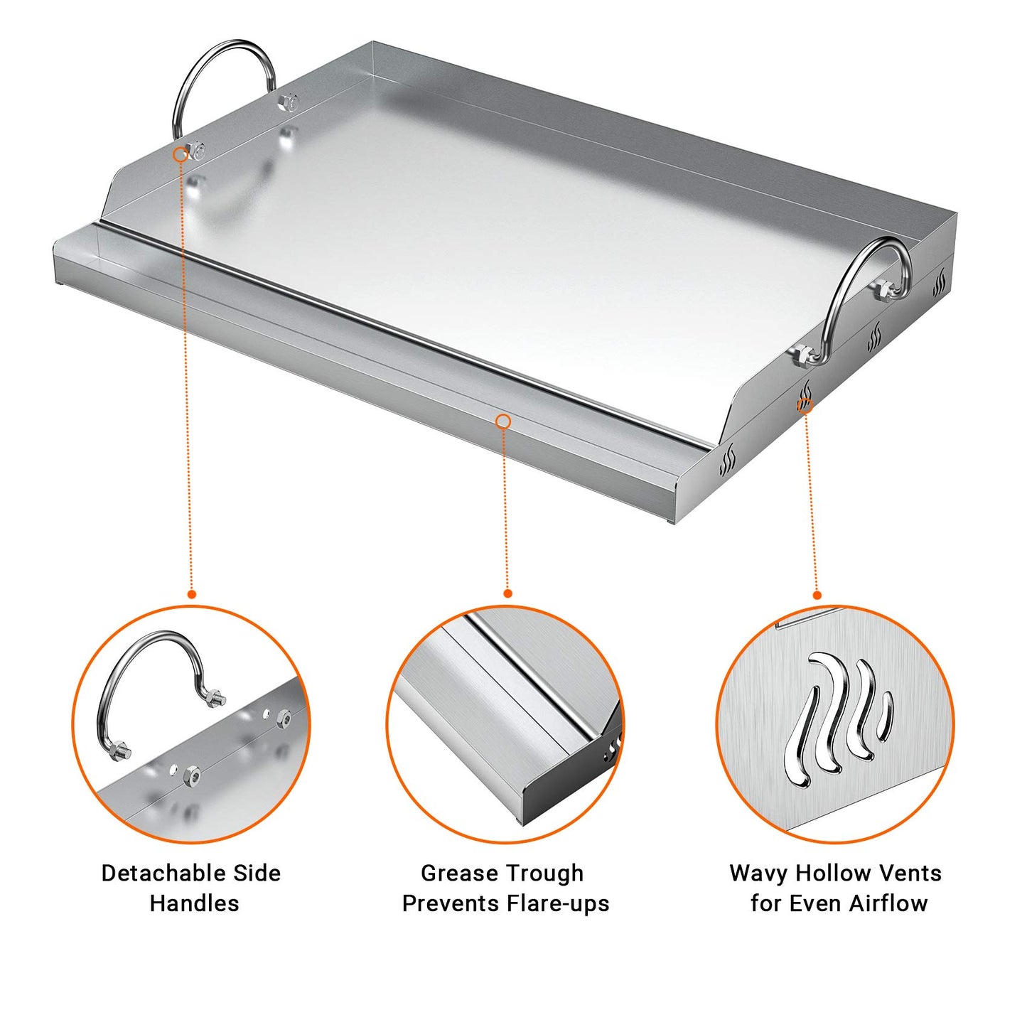 only fire Universal Stainless Steel Cooking Griddle, Flat Top Plate Insert with Grease Groove and Handles for Gas and Charcoal Grills, Tailgating, Camping and Parties, 23" x 16"