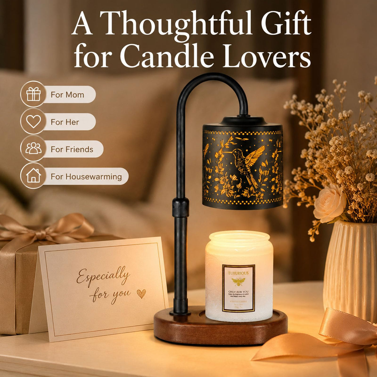 copinpin Dimmable Candle Warmer Lamp with Timer Adjustable Height for Scented Jar Candles Electric Candle Wax Melt Warmer for Home Decor Christmas Birthday Gifts for Women Mom(Hummingbird)