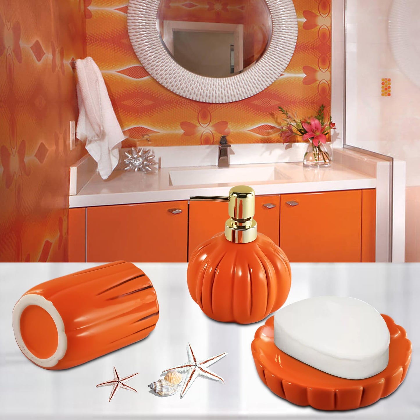 Halloween Pumpkin Bathroom Accessories Set, Orange Bathroom Fall Decor, 3PC Ceramic Bathroom Sets Complete, Toothbrush Holders, Soap Dispenser, Soap Dish, Bathroom Organizer for Countertop