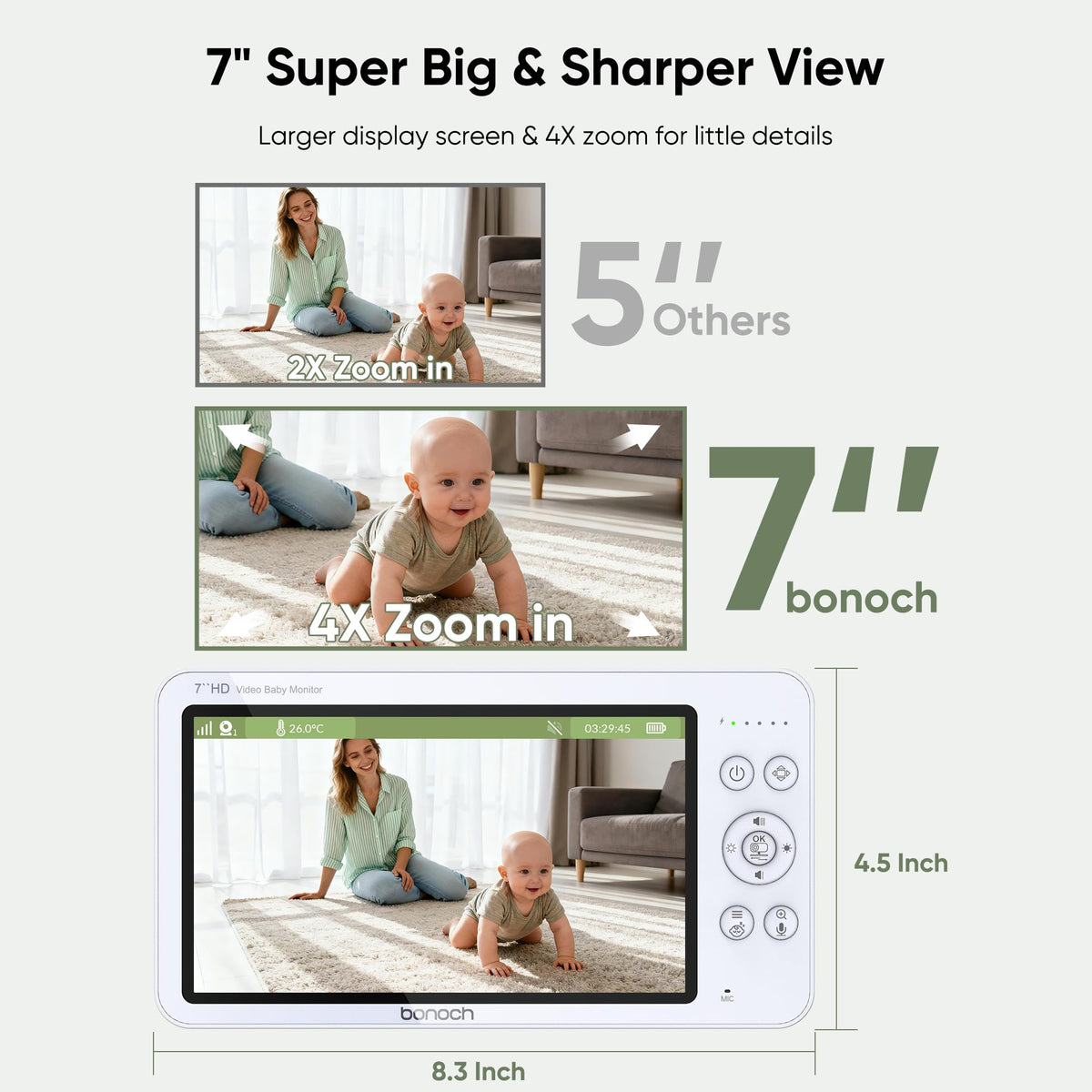 bonoch V2.0 1080P Baby Monitor with 2 Cameras, 7" Split Screen No WiFi