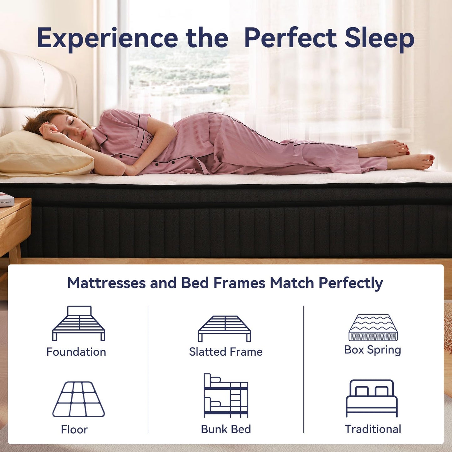 CRYREINA King Size Mattress, 14 Inch King Mattress Hybrid in Box, Individual Pocket Springs, Medium Firm, Breathable and Comfort