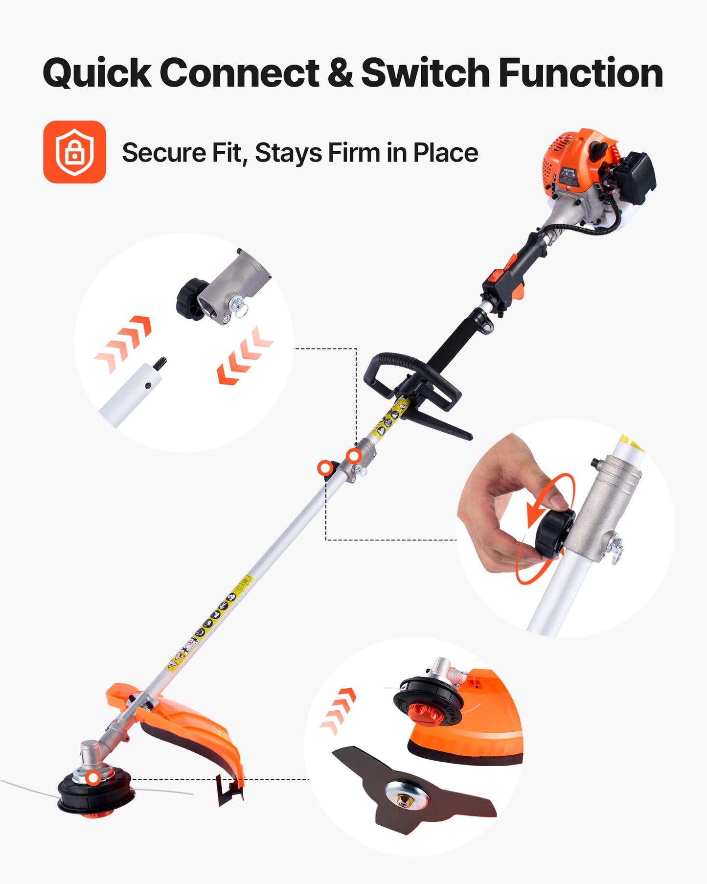 VEVOR Gas Hedge Trimmer, 2 Cycle Gas Power Handheld Hedge Trimmer, 5-in-1 63cc Cordless Weed Eater with Protective Gear Set, Includes Hedge and String Trimmer, Brush Cutter(3T & 40T Blades), Pole Saw