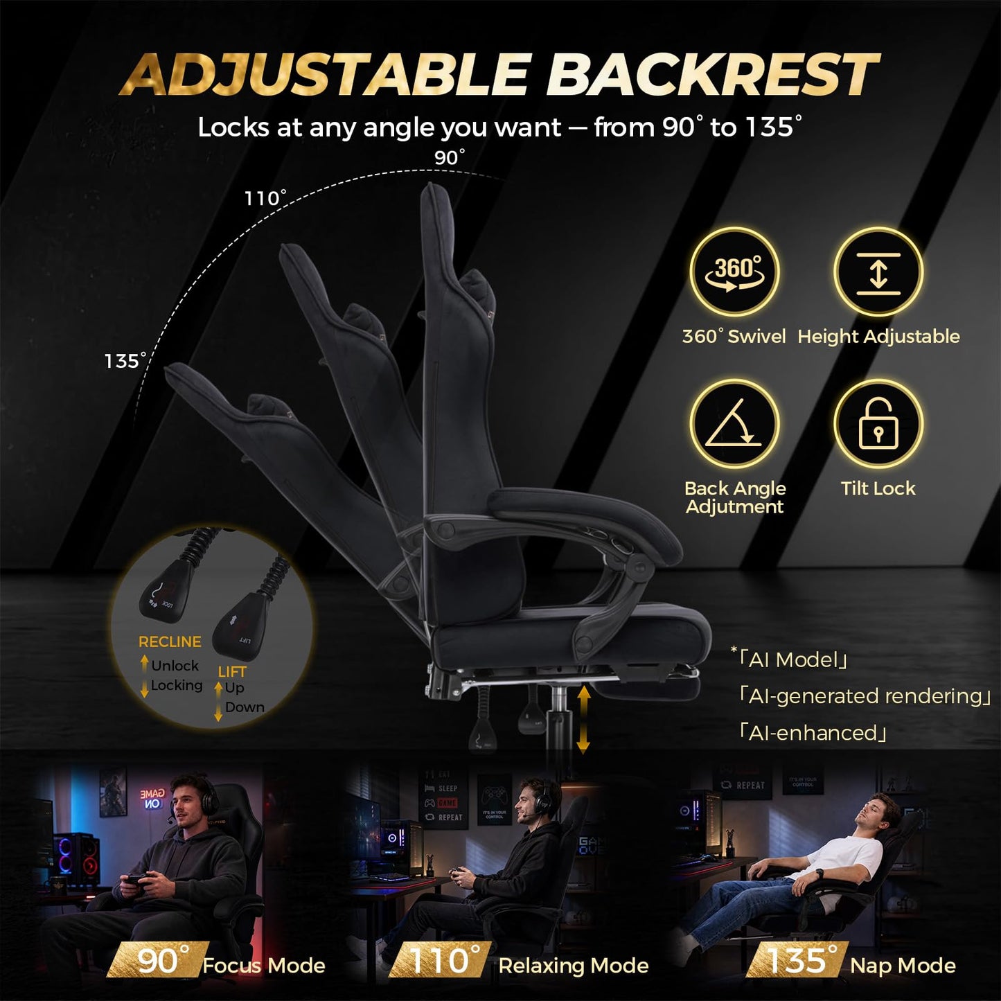 GTPLAYER Video Gaming Chair Fabric, Ergonomic Computer Chair with Footrest and Pocket Spring Cushion, Height Adjustable Video Gamer Chair with Lumbar Support for Adults, Black