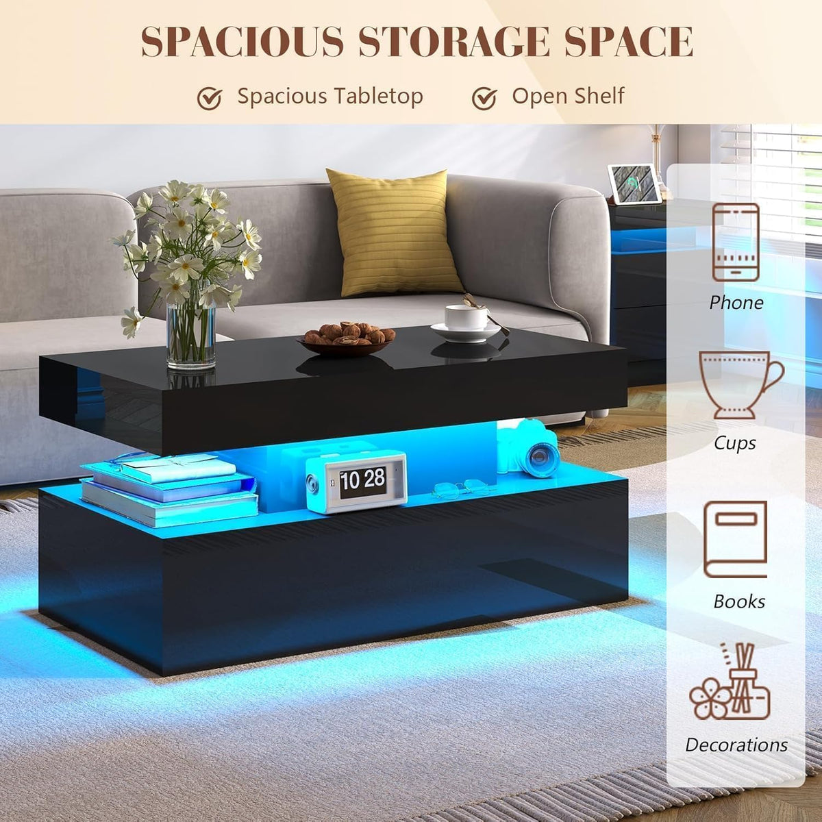 LUXOAK 3-Piece Modern Coffee Table Set with LED Lights