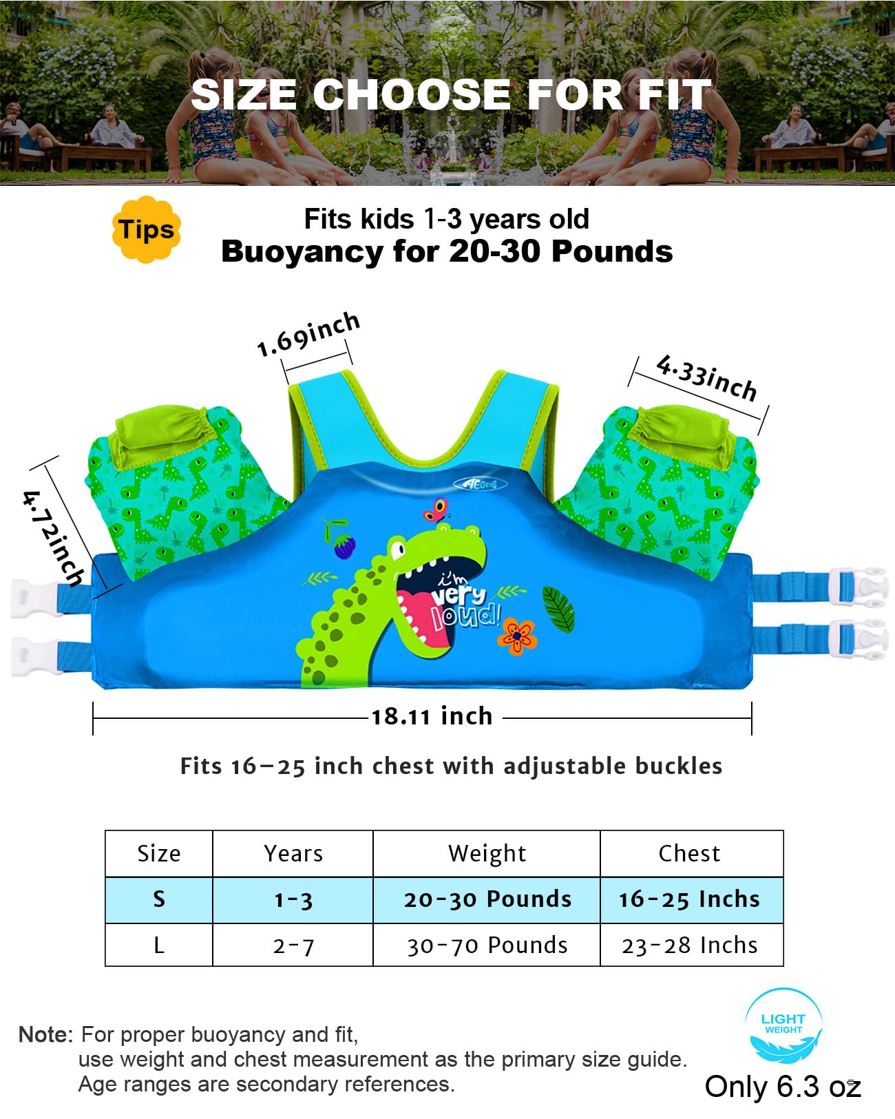 AEOCOO Puddle Float Jumper 20-30 Pounds, Toddler Swim Vest for 1-2-3 Years Old, Pool Floats with Swimming Arm Floaties Swim Jacket with Water Wings for Kids Swimmies, Boys, Girls, Niños, Dinosaur