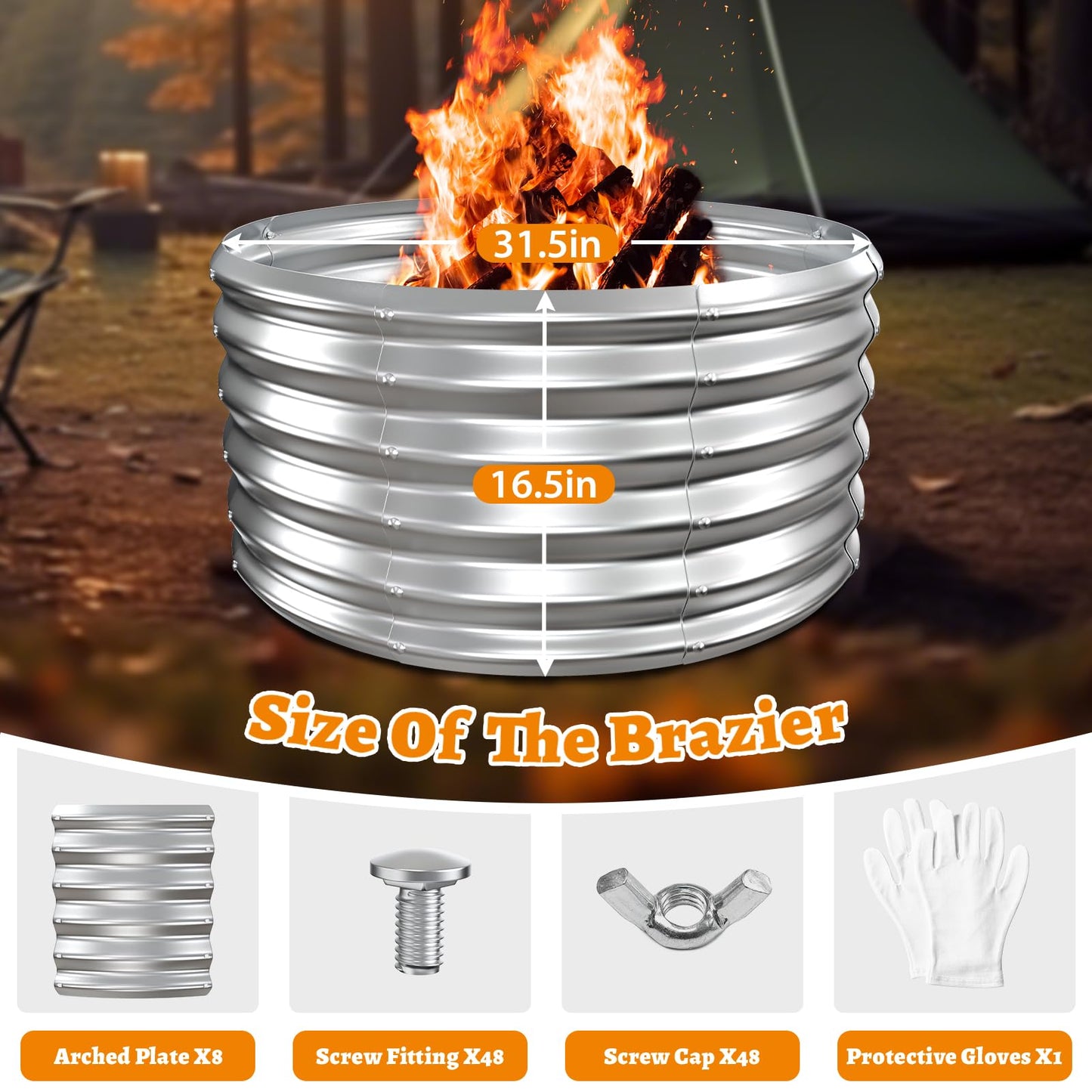 VAMFUTRE Metal Fire Pit Ring/Bonfire Fire Ring- 32 Inches Diameter, 0.8 MM Thick,1.5 ft High, Durable and Stylish for Outdoor Fire Pits,Patios and Camping (Silver, 2.7X2.7X1.5 ft)