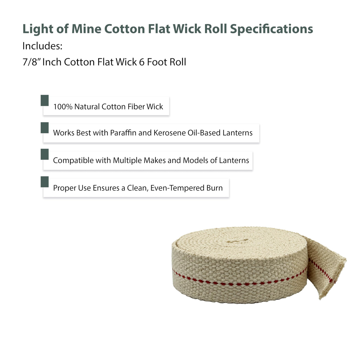Light of Mine - 7/8" Inch 6' Foot, 100% Cotton Flat Wick for Paraffin Oil, Kerosene Based Lanterns, and Oil Lamps with Genuine Red Stitch (7/8" - 6' Roll)