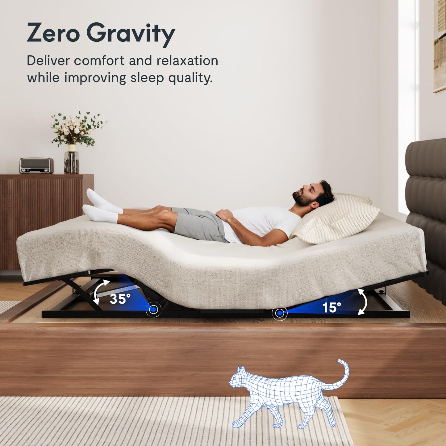 FLEXISPOT S3K-Lite King Size Adjustable Bed Frame Base, Zero Clearance, Independent Head & Foot Incline, Zero Gravity, Wireless Remote, 12’’ Legs, Easy Assemble, 5-Year Warranty, 750 lbs.
