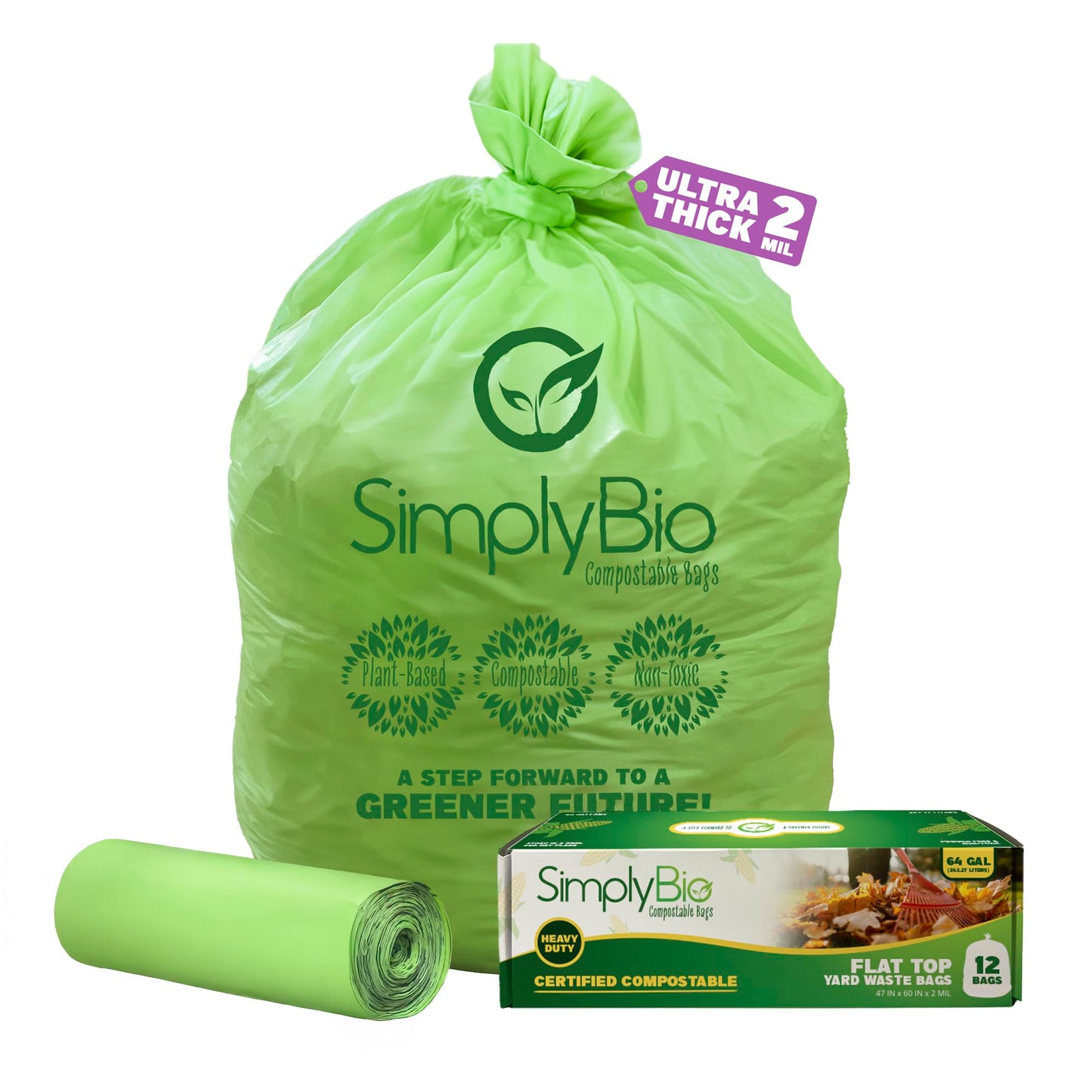 Simply Bio 60-65 Gallon Compostable Trash Bags Liners Flat-Top, Heavy Duty Extra Thick 2 Mil, 242.27 Liter, 12 Bags, Lawn, Yard, and Restaurant Use, ASTM D6400, US BPI, OK Compost Home Certified