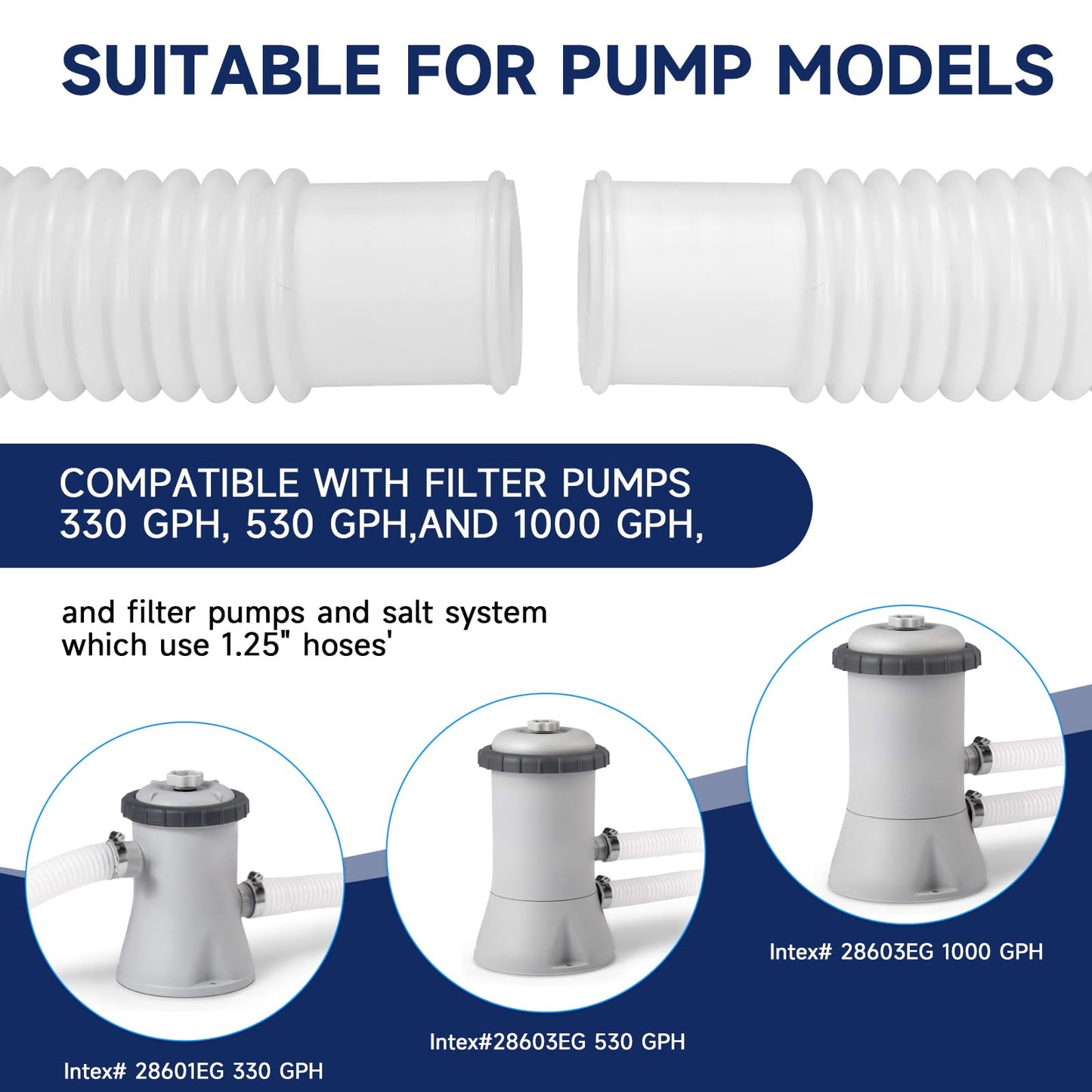 Pool Hoses for Above Ground Pools, 4 Pack 1.25 x 59 Inch Pool Filter Pump Hoses, 1 1/4 Pool Hoses Compatible with Intex Pool Filter Pump 607, 637 With 8 Metal Clamps(4)