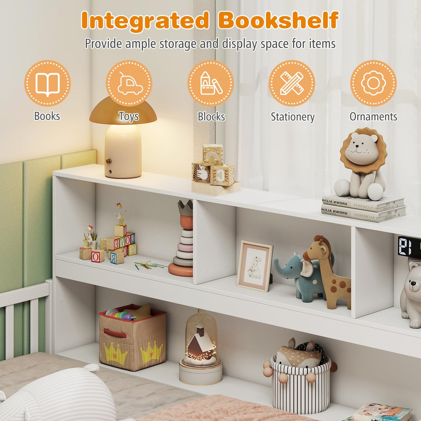 Giantex Full Size Floor Bed for Kids, Wooden Montessori Bed Frame with Bookcase, Storage Shelves & Safety Fence Rails, Floor Beds Full for Girls, Boys, No Box Spring Needed, Without Slats, White