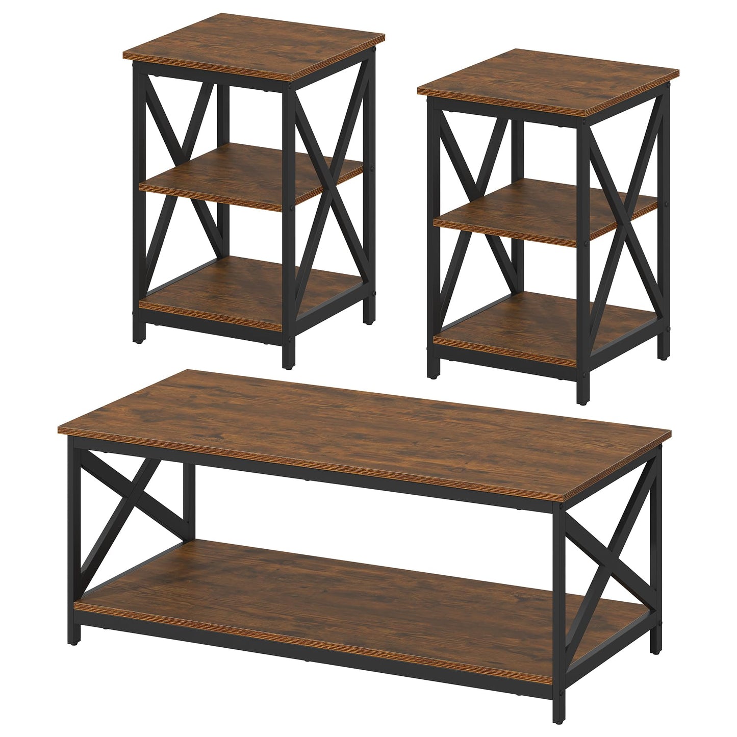 Bigbiglife Living Room Coffee Table Set of 3, Industrial X-Design Coffee Table and 2 End Side Tables, 3 Piece Living Room Table Set with Large Storage for Apartment Home (Rustic Brown)