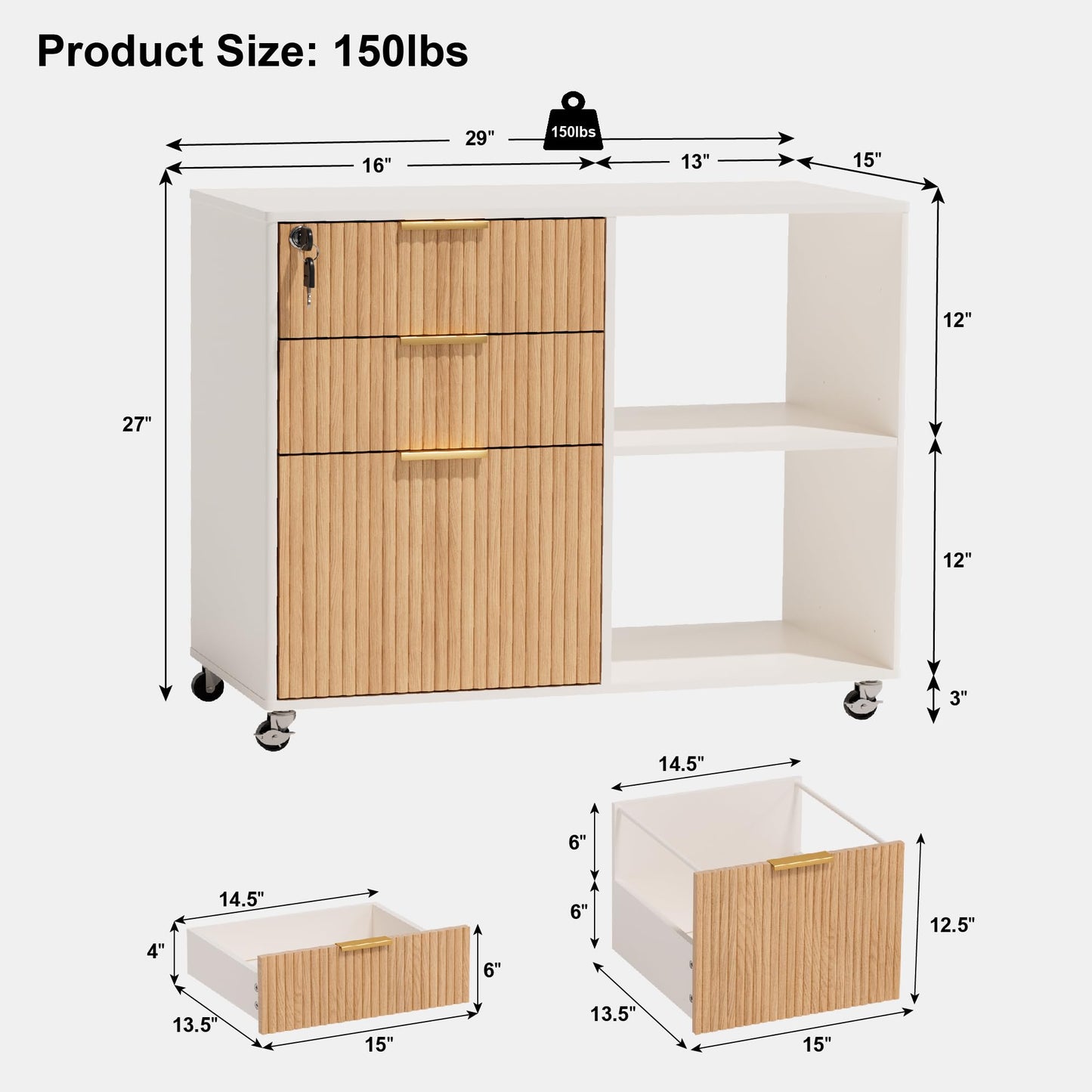 INNOD 3 Drawer Fluted Mobile Filing Cabinet with Lock, Lateral Rolling Under Desk File Cabinet, Wooden Printer Stand Table for Home Office Essentials Storage Organization Furniture Letters/A4(Oak)