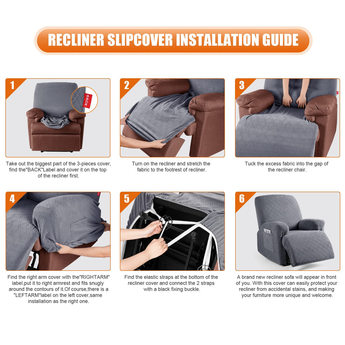 VANSOFY Stretch Recliner Chair Cover, Slipcover, Dark Gray, 1 Seater