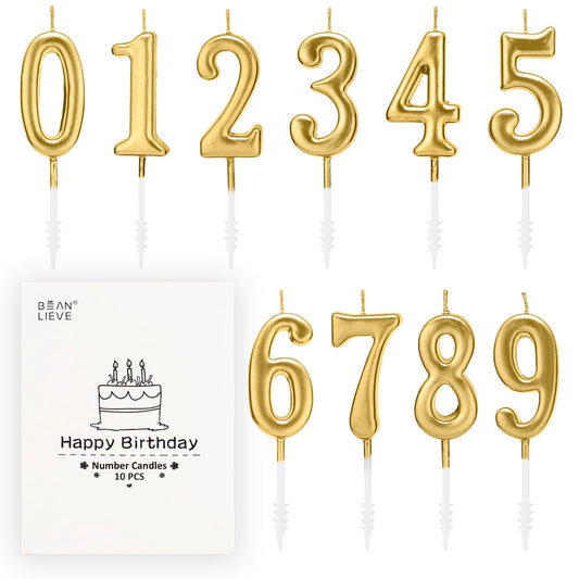 Beanlieve 10-Pieces Numeral Birthday Candles - Cake Numeric Candles Number 0 1 2 3 4 5 6 7 8 9,Used for Cake Decoration on Birthday Parties and Wedding Anniversary Celebrations(Champagne Gold)