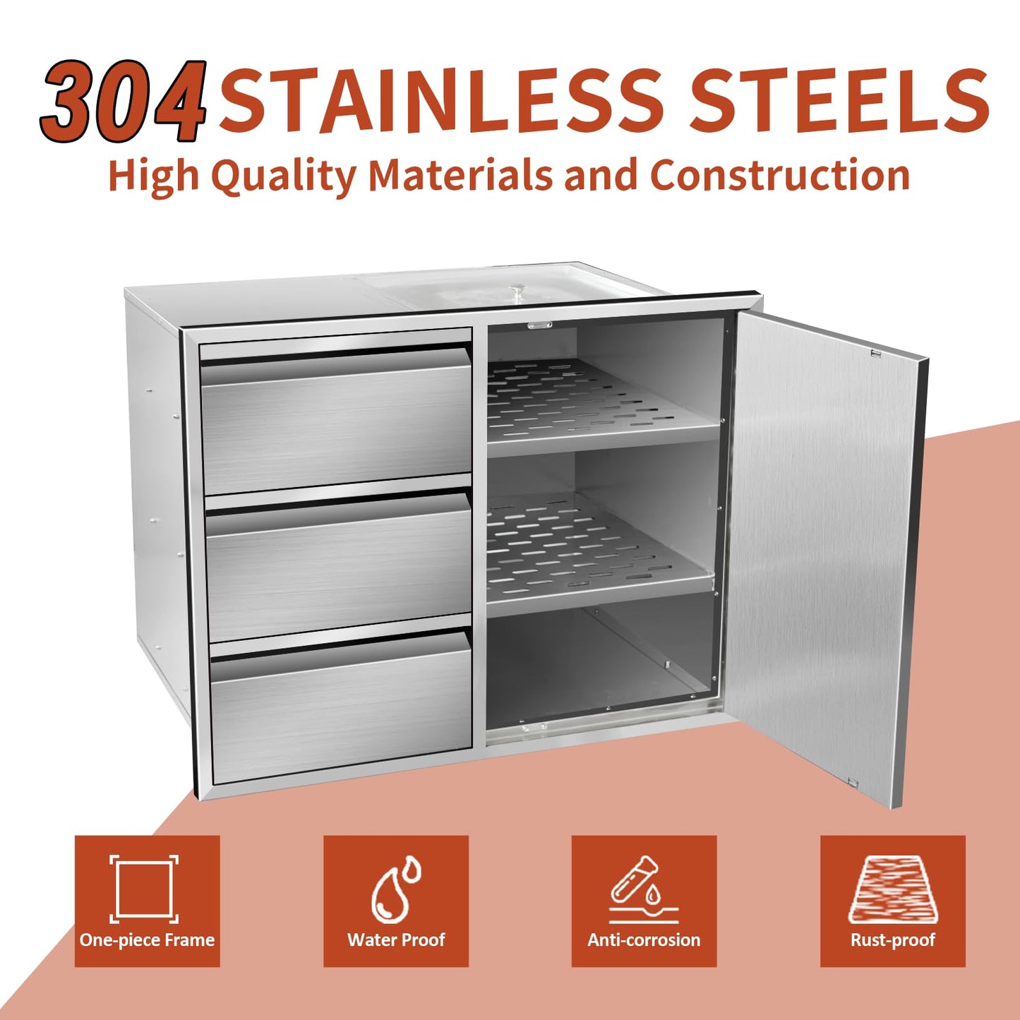 RUXVONB 28" W x 22" H x 19.5" D Stainless Steel Outdoor Kitchen Door Drawer Combo Cabinet, Built-in Triple Drawers and Right Access Door with Shelves for BBQ Island and Patio Grill Station