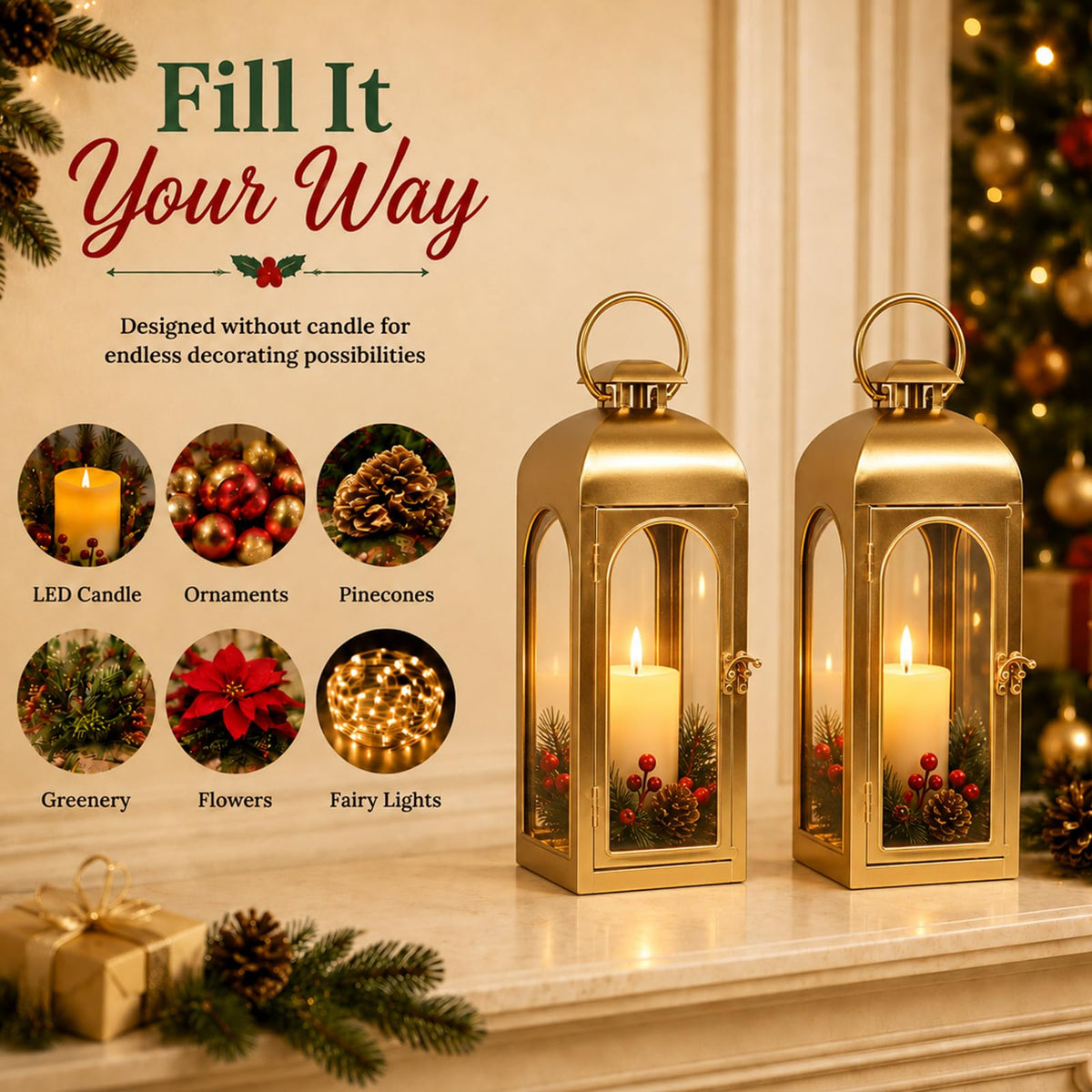 Christmas Decorative Lanterns Gold Metal Candle Holders 16 Inch 2 Pack