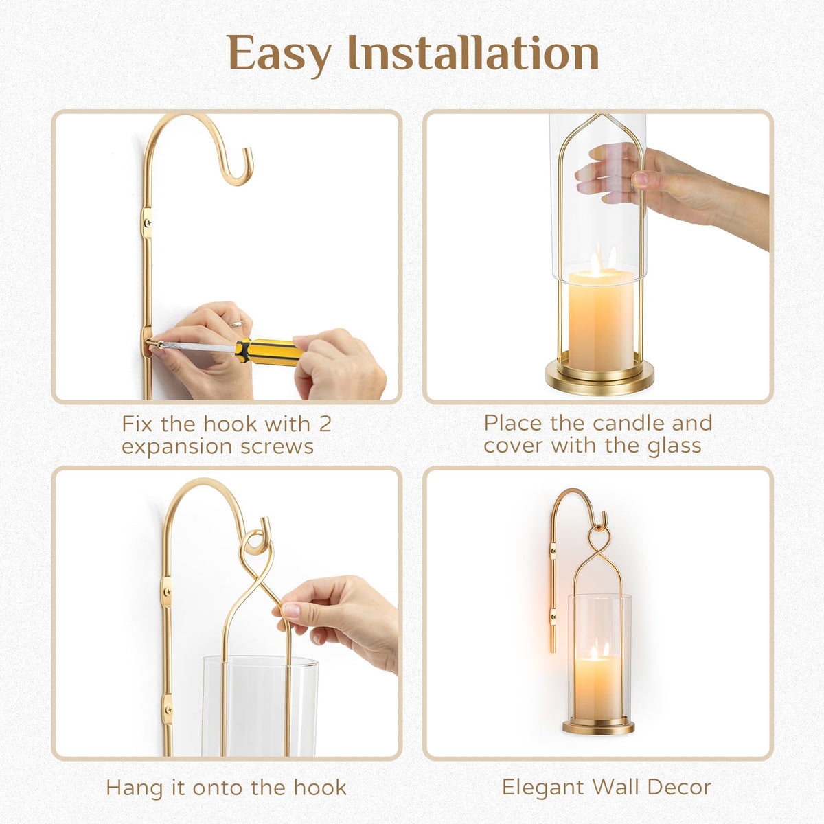 Walasis Gold Candle Sconces Set of 2, with Hurricane Glass
