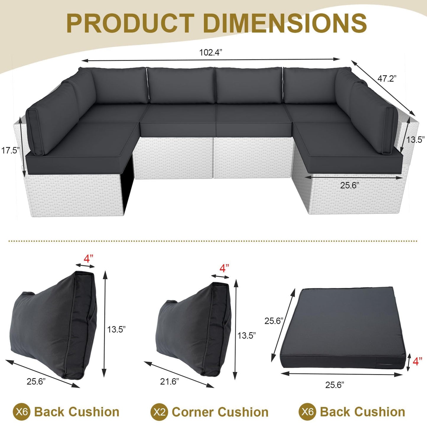 𝐔𝐩𝐠𝐫𝐚𝐝𝐞 14 Piece Outdoor Replacement Cushions Set for 6-Seat Sectional Sofa, 4 Inch Thick Patio Cushions, Waterproof & Fade Resistant, Deep Seat Outdoor Furniture Cushions - Dark gray