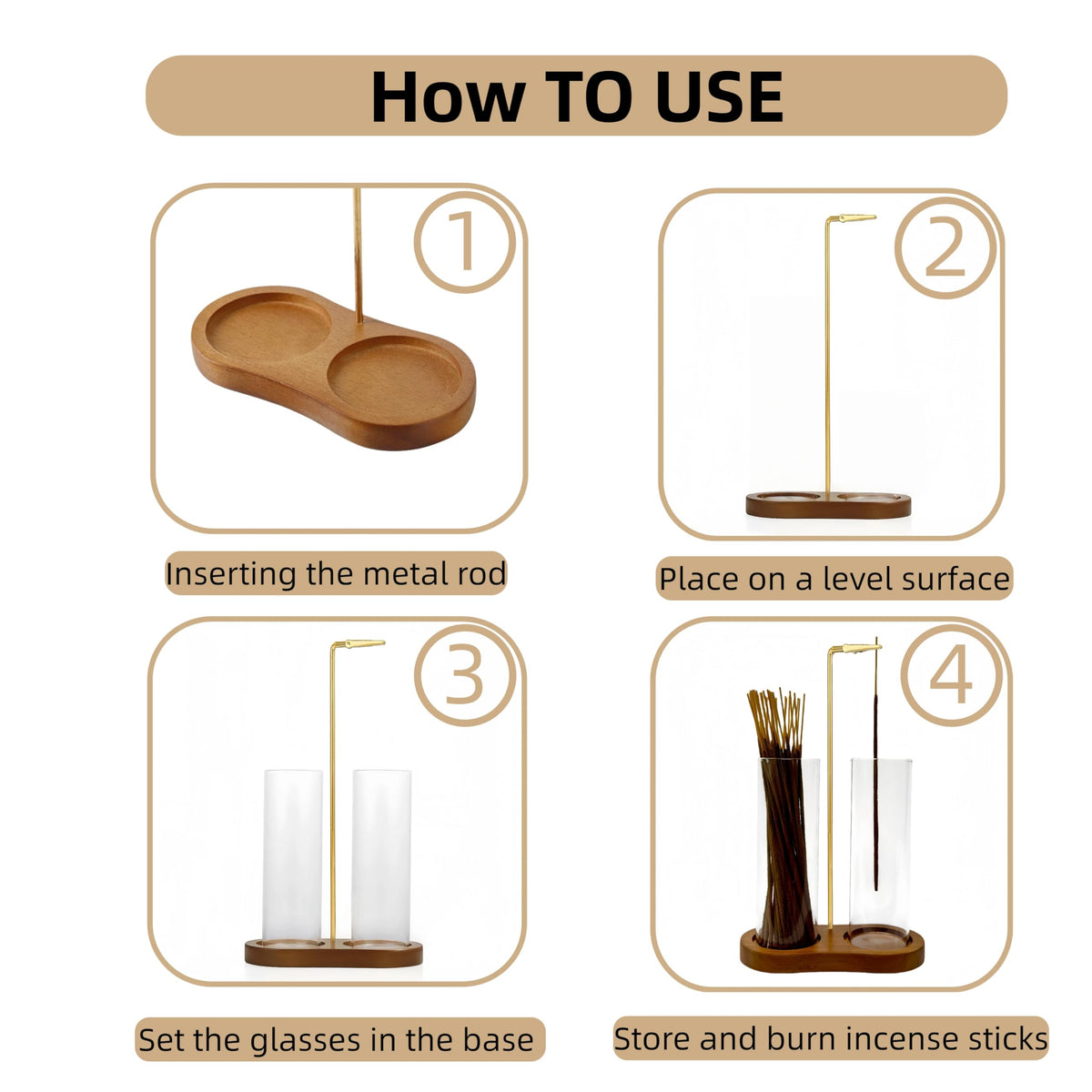 Moocervi Incense Holder, Hang Upside Down Incense Sticks Burner Holder Storage with Glass Ash Catcher,Ideal Gift (Brown)