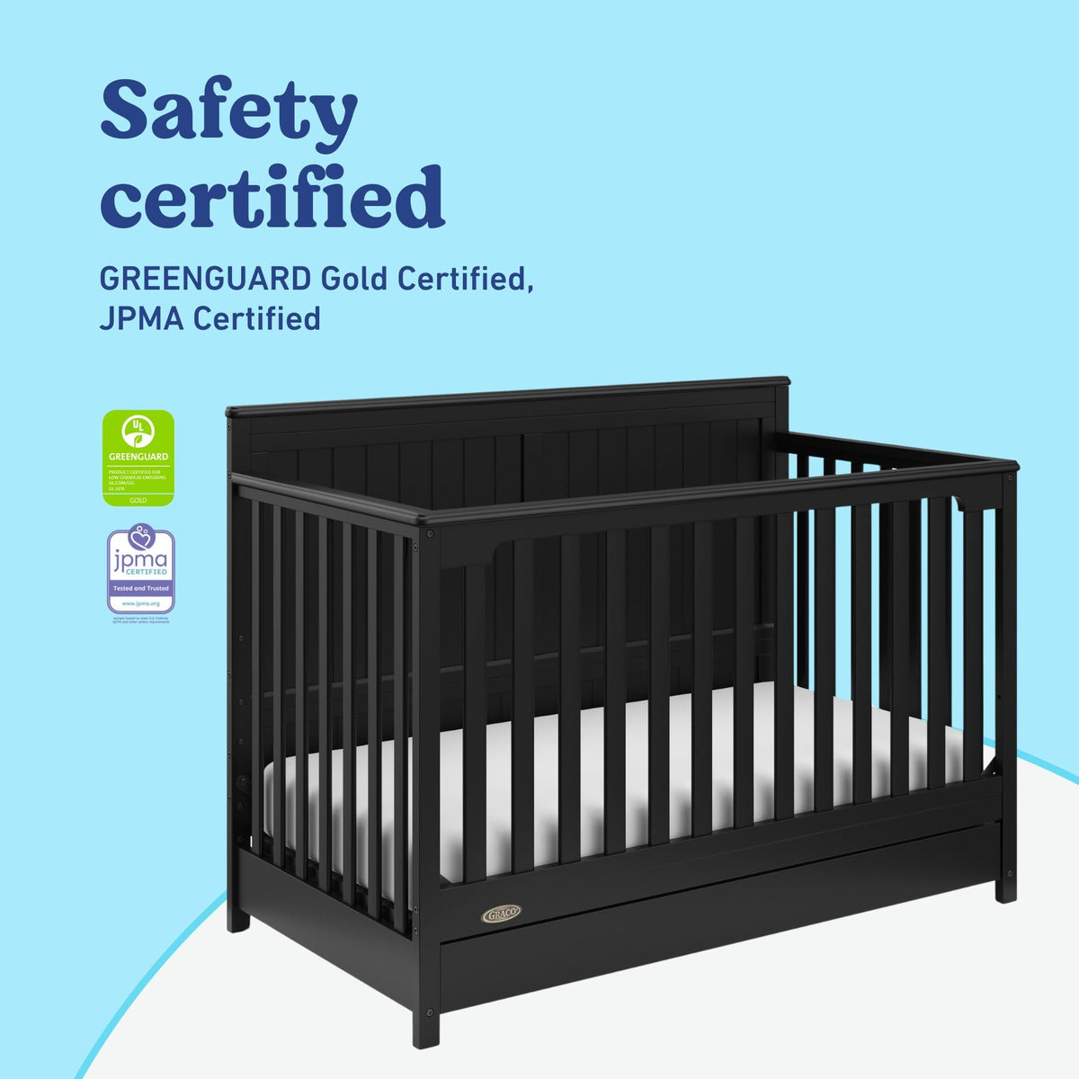 Graco Hadley 5-in-1 Convertible Crib with Drawer (Black) – GREENGUARD Gold Certified, Fits Standard Crib Mattress, Converts to Toddler Bed, Daybed and Full Bed, 4 Adjustable Mattress Heights
