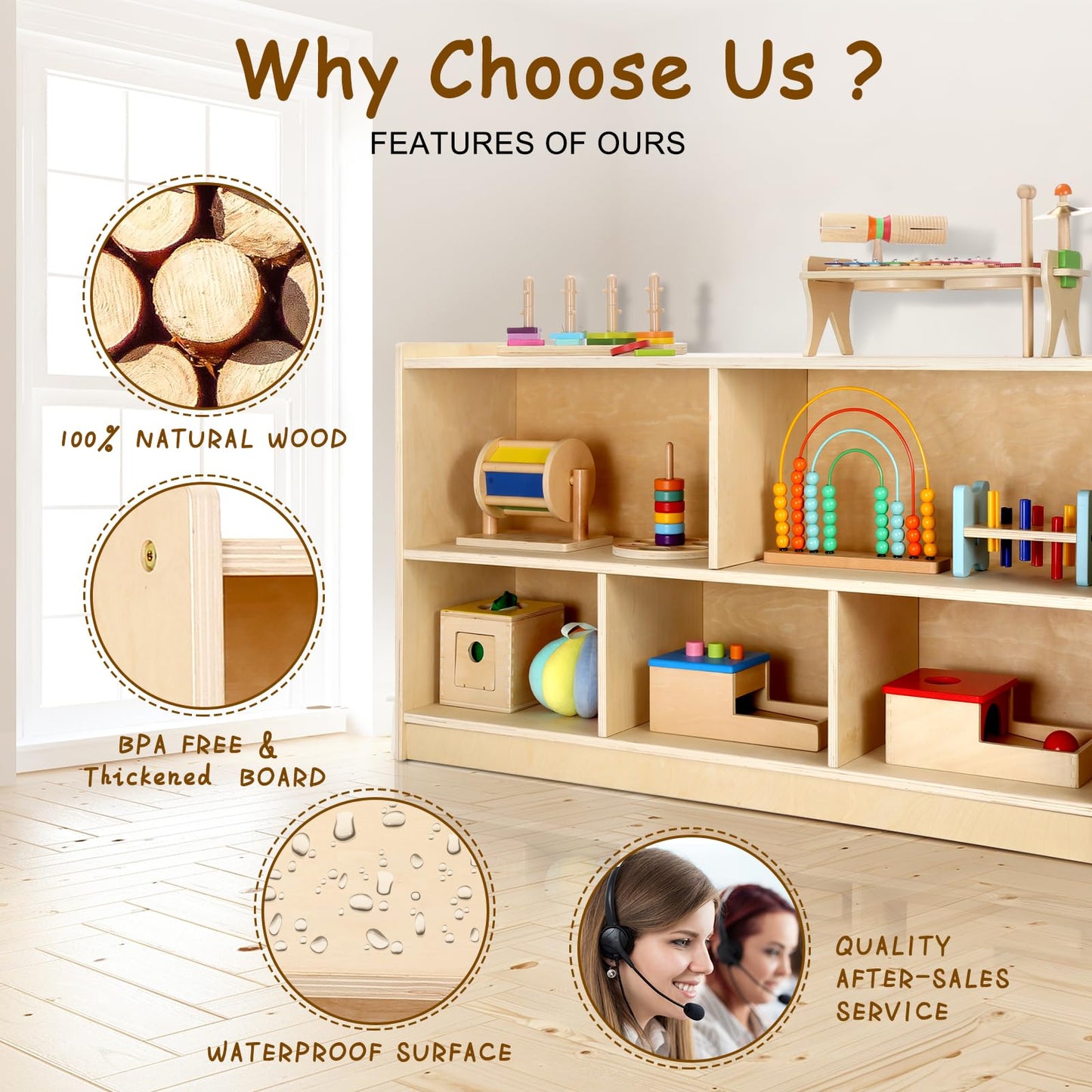 WINGYZ Wooden Storage Cabinet, 5-Section Montessori Bookshelf, Kids Toy Storage Organizer Book Shelf for Kids Rooms, Classroom, Playroom, Nursery, Preschool Book Shelves