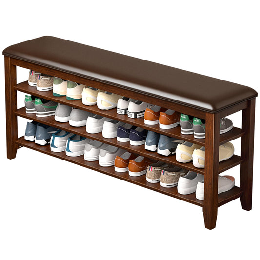 Taitiy Shoe Bench Storage Rubberwood with Leather Cushion for Entryway Bench Ideal for Hallways Shoe Rack Front Doors Entrances Mudrooms Featuring 3 Height-Adjustable and Removable Shelves