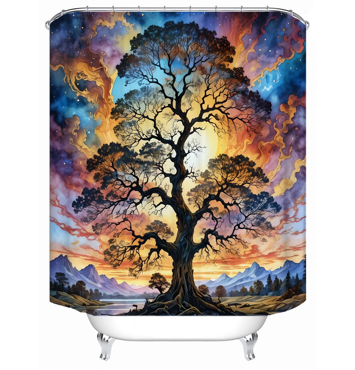 LYFANS Shower Curtains Life Tree Theme, Colorful Bright Sky Brings A Unique Artistic Atmosphere to The Bathroom, 72x79 Inch Fabric Shower Curtain with 12 Hooks.
