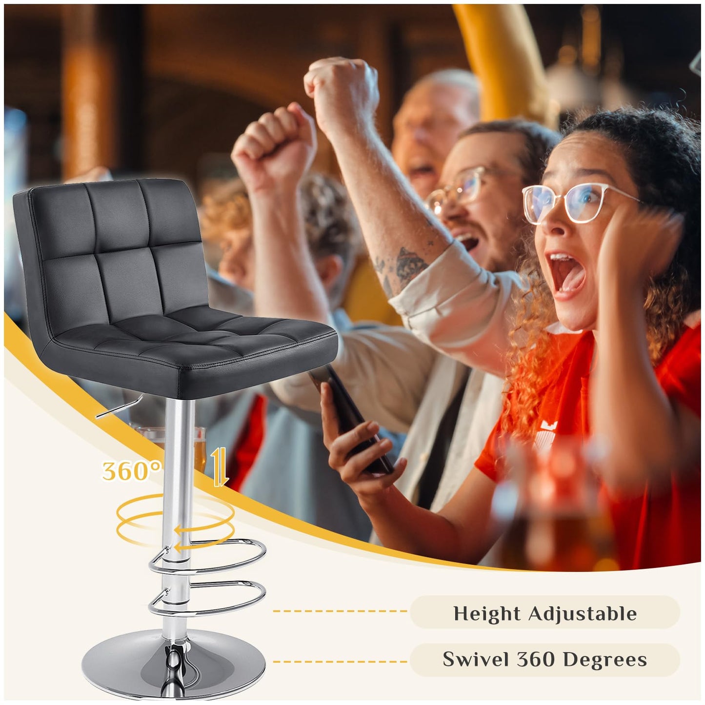 DUMOS Bar Stools Set of 4, 24 inch Counter Height Bar Stools, Upholstered Modern Kitchen Barstools with Metal Base, PU Leather Saddle Stools for Kitchen Island, Inky Black