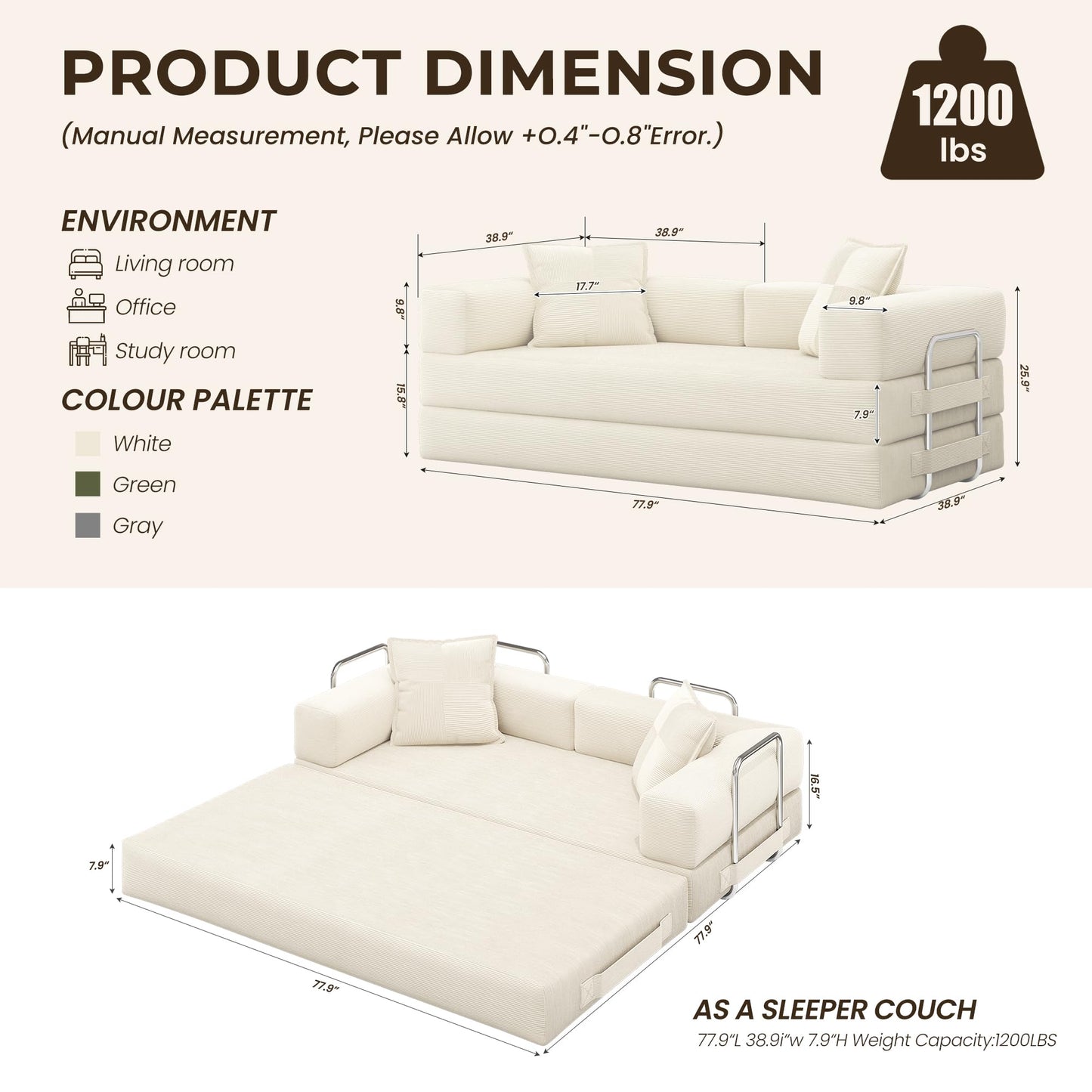 GRUSIGN 78 Inch Convertible Sofa Bed, 5-in-1 Futon Sofa Bed Pull Out Couch, Boneless Couch Bed for Living Room, Corduroy Boneless Couches for Bedroom, Apartment, No Assembly Sleeper Sofa Bed, Beige