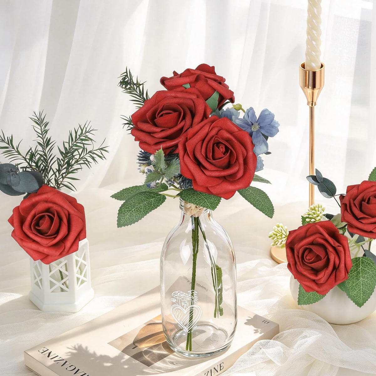 AmyHomie Dark Red Rose 25pcs Real Looking Artificial Flowers w/Stem