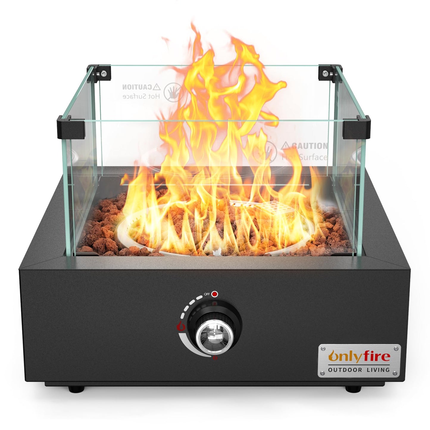 ONLYFIRE OUTDOOR LIVING 15.7" Portable Propane Gas Fire Pit Side-Mounted, Modern Tabletop Fireplace Smokeless Firepit with Glass Wind Guard for Patio Camping RV Tailgating, 23000BTU, Squre FP040