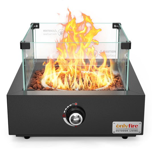 ONLYFIRE OUTDOOR LIVING 15.7" Portable Propane Gas Fire Pit Side-Mounted, Modern Tabletop Fireplace Smokeless Firepit with Glass Wind Guard for Patio Camping RV Tailgating, 23000BTU, Squre FP040