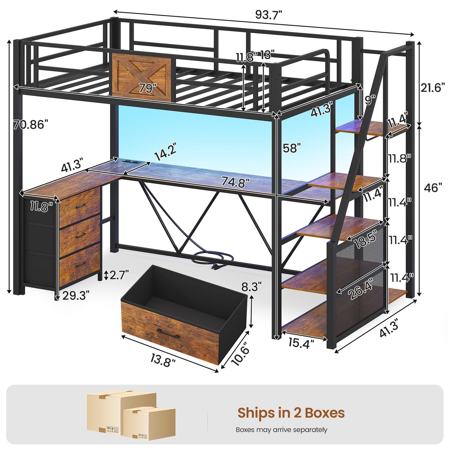 Itaar Stairway Twin Size Loft Bed with L Shaped Desk and Wardrobe, Metal Loft Bed Frame with Storage Stairs, 3 Fabric Drawers, LED Lights & Charging Sation, Rustic Brown