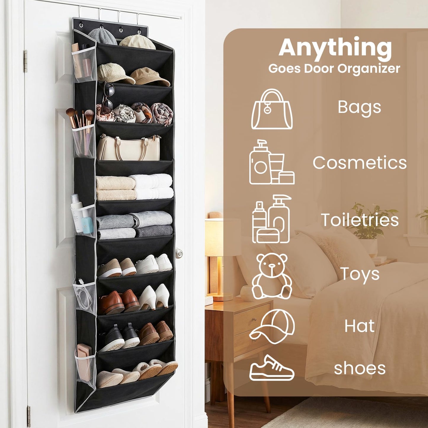 LUMIDOMA 10-Tier Over The Door Organizer with 4 Anti-Scratch Silicone Hooks & 10 Side Pockets, Hanging Shoe Organizer for Closet (15-20 Pairs), Behind the Door Storage for Toys, Household Essentials