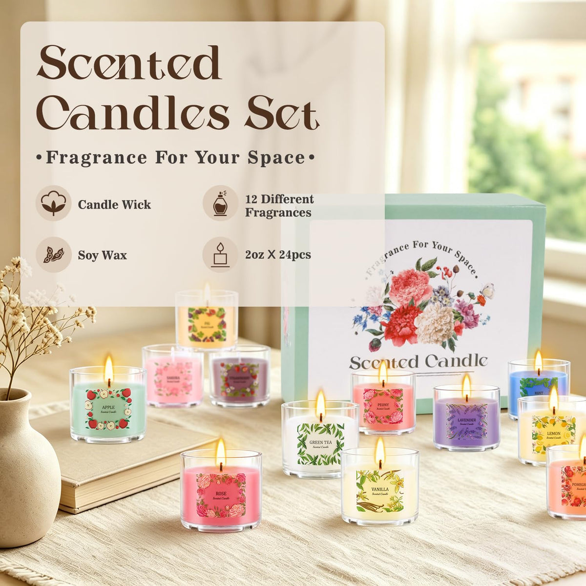 24 Pack Scented Candles Set, 2oz Soy Wax Acrylic Tea Lights with 12 Assorted Fragrances, Long Lasting Aromatherapy Candles for Home Decor, Gift Ready for Christmas Birthday Housewarming