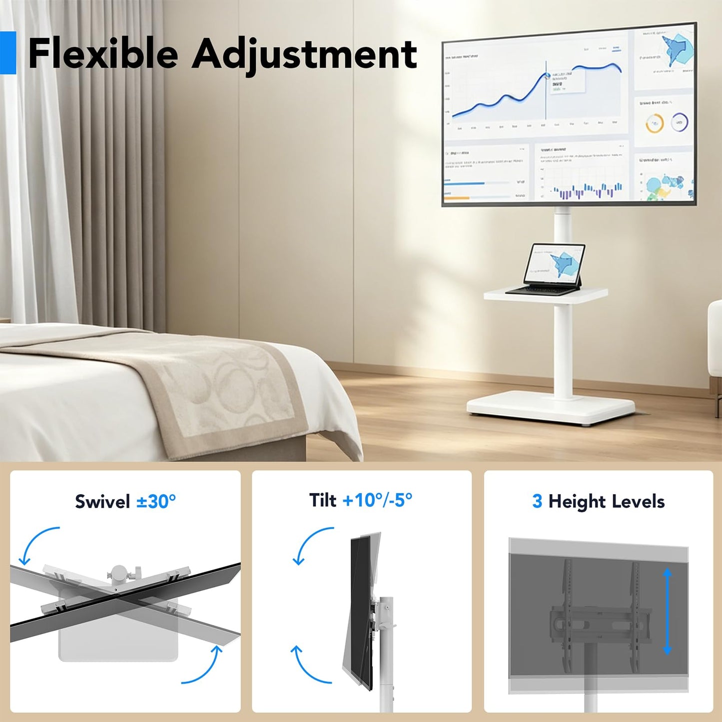 AX WABER Floor TV Stand with Mount for 26-55 inch TVs up to 77 lbs, Height Adjustable Swivel Tilt TV Stand with Wood Base & Shelf, Saving Space Design for Bedroom, Living Room and Corner, White
