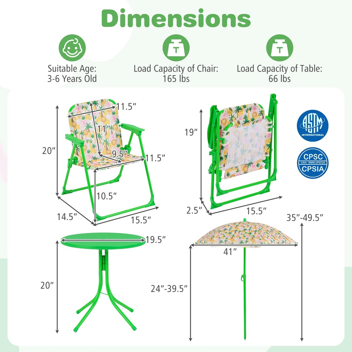 Costzon Kids Picnic Table, Kids Outdoor Table with 2 Folding Chairs, Height Adjustable Umbrella, Portable Children Outdoor Furniture for Patio, Garden, Backyard (Green Forest)