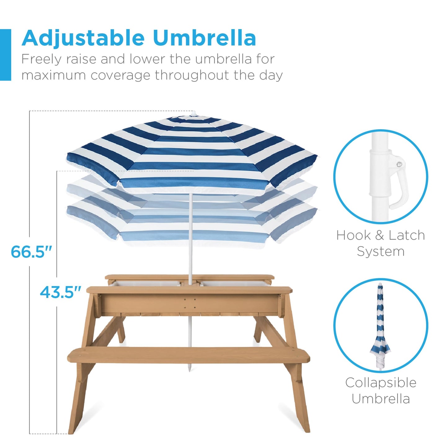 Best Choice Products Kids Picnic Table with Umbrella, 3-in-1 Sand & Water Table, Outdoor Convertible Picnic Table for Toddlers, Seats 4, Removable Top, 2 Buckets - Navy