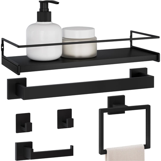 Black Bathroom Hardware Set, 5-Piece + 15.7" Shelf & 2 Adhesive Robe Hooks