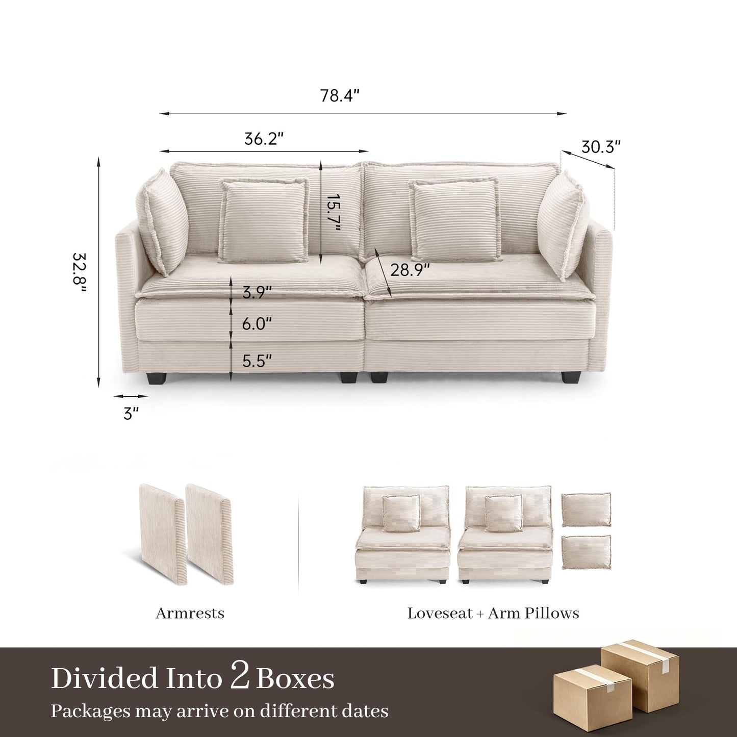 Nestvado 78.4" Corduroy Loveseat Couch, Small 2 Seater Sofa Modern Upholstered Couch for Living Room Apartment Bedroom, Beige