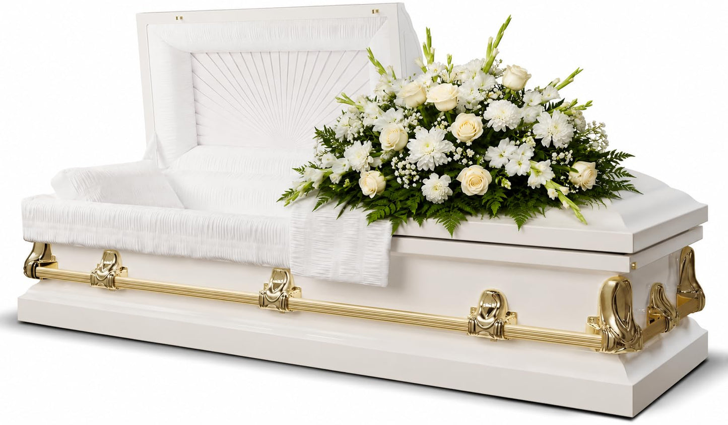 Titan Casket Elegant Orion Series Funeral Casket for Humans - Handcrafted Steel Casket, Luxurious White and Gold Finish & White Crepe Interior, 20-Gauge Steel Adult Size, Adjustable Bed, Gasket Seal