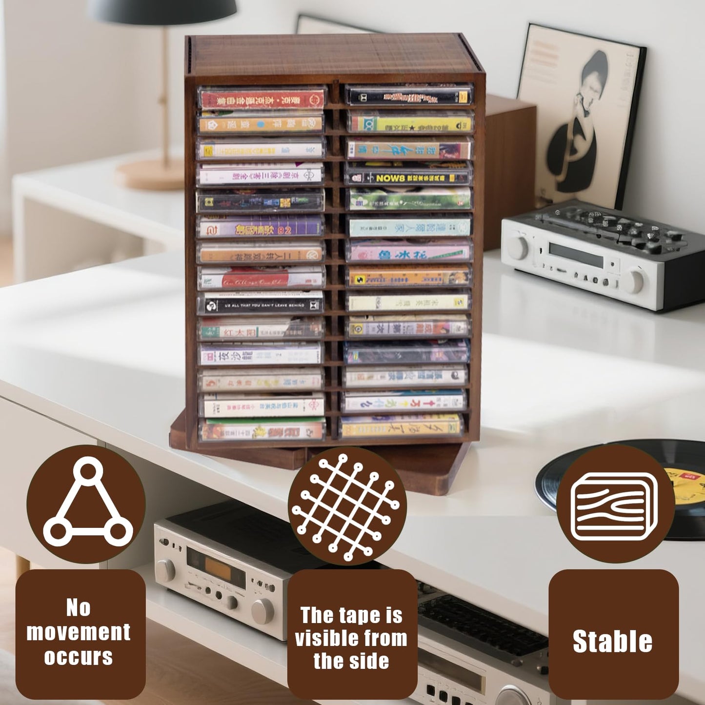 WodGod Cassette Tape Storage Box, Wood Cassette Rack, Wooden Cassette Tape Holder 360-Degree Rotatable, 56 Capacity, Double-Sided & Diamond Metal Wire Mesh, the Ideal Gift for Cassette Collectors